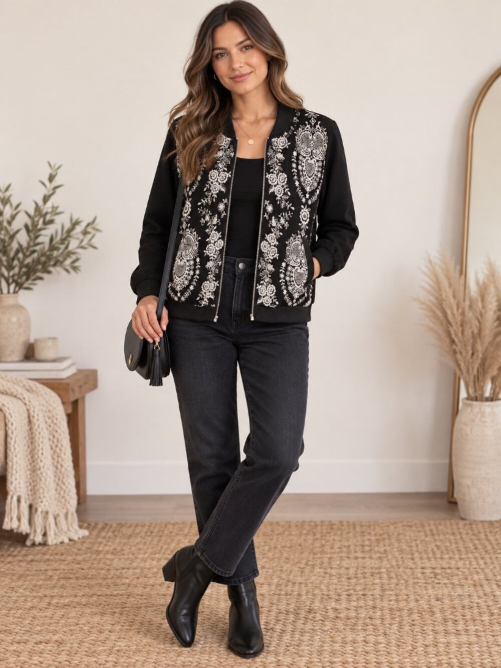 Society Girl Floral Embroidered Romantic Bomber Jacket L Black White Boho